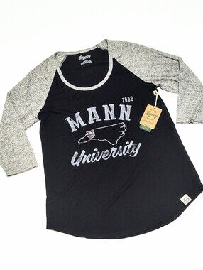 Legacy Women Baseball Tee Shirt Mann University 3/4 Sleeve Black Gray Poly Rayon